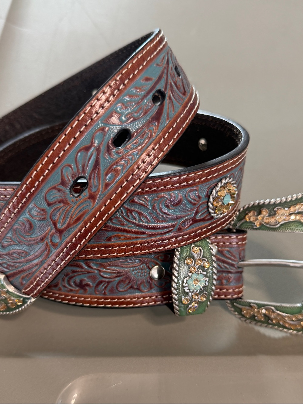 Women’s Nocona Tooled Brown & Teal Leather Belt with Decorative Buckle